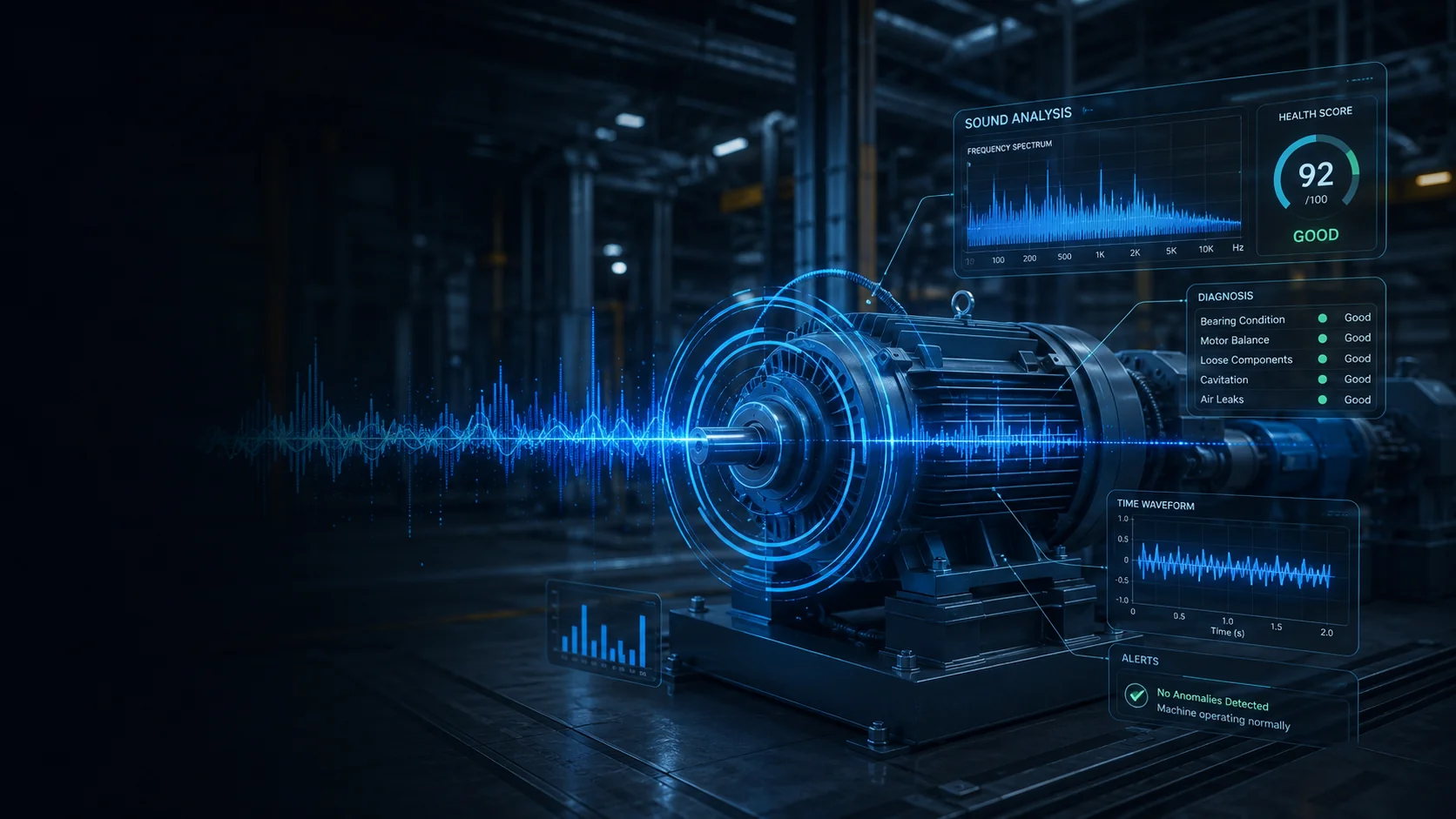 AI sound analysis dashboard overlaid on an industrial motor, showing frequency spectrum, health score, and diagnosis panels